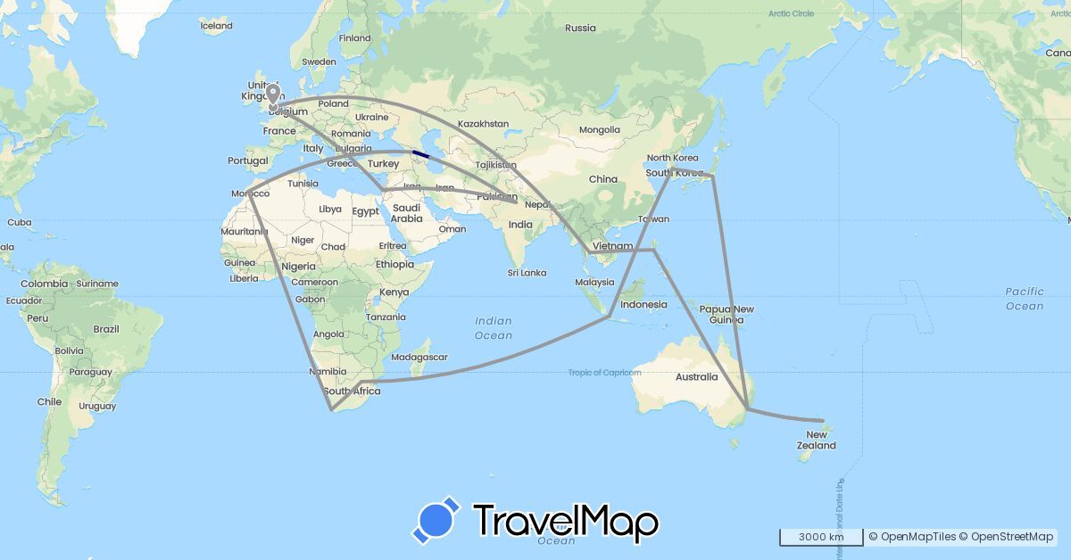 TravelMap itinerary: driving, plane in Australia, Azerbaijan, United Kingdom, Georgia, Indonesia, Israel, India, Jordan, Japan, South Korea, Morocco, New Zealand, Philippines, Thailand, South Africa (Africa, Asia, Europe, Oceania)